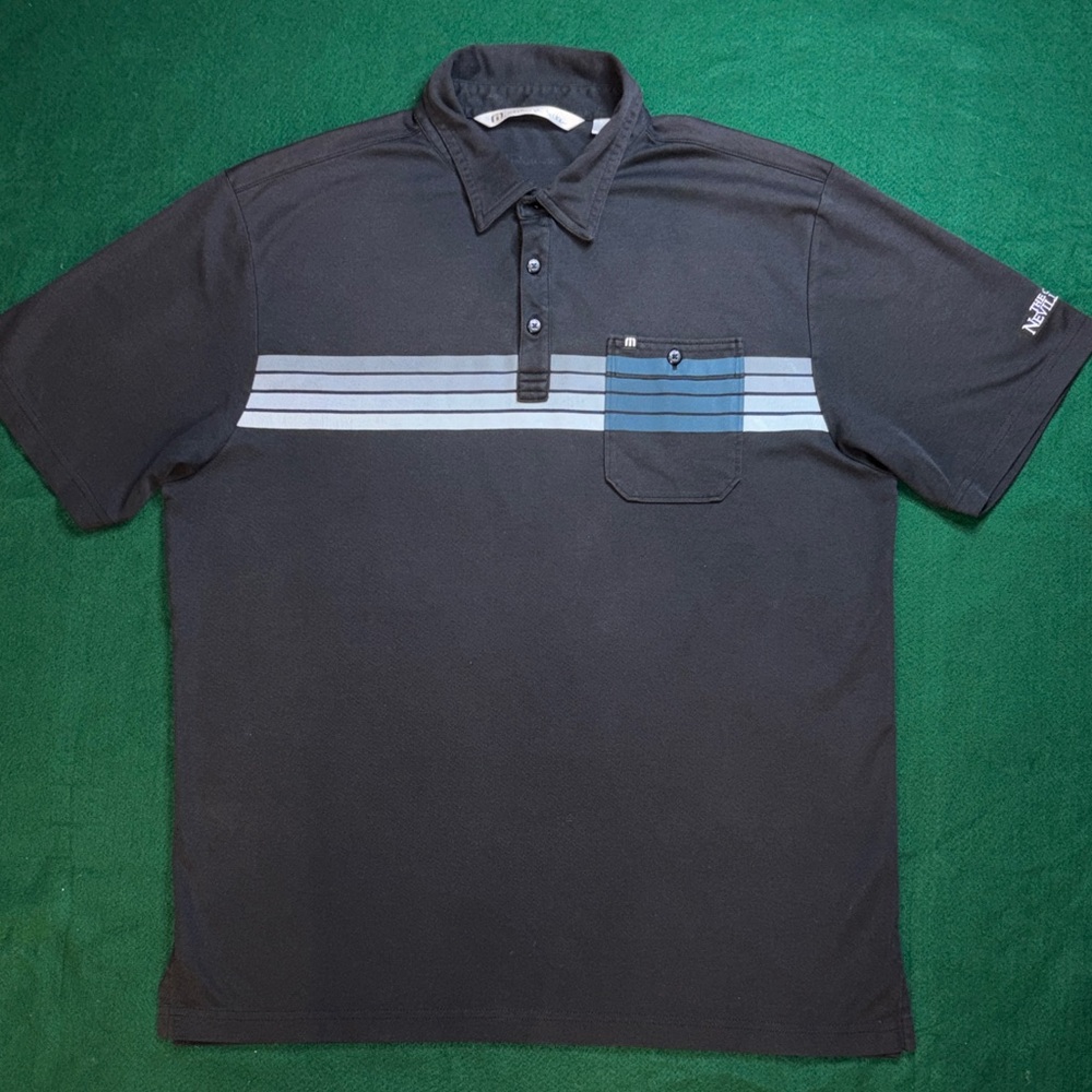 Travis Mathew Black Polo with Blue and Gray Stripes